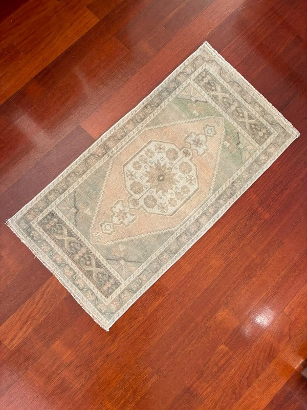 Muted Pink Green 2x4 Small Runner Wool Hand Knotted Vintage Turkish Oushak Rug gallery