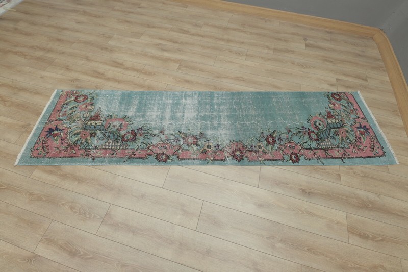 Turquoise Runner Rug Anatolian Oriental Handmade Vintage Floral Carpet 2x10 ft gallery