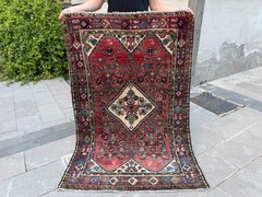 Vintage Turkish Tribal Rug 3.6×5.3 Ft Red Anatolian Wool Carpet