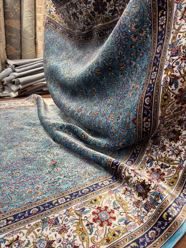 Blue Turkish Silk Rug 7x10 ft Fringed Oriental Carpet Luxury Design gallery