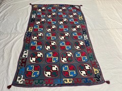 Grey Kyrgyz Shyrdak Rug 4.6×7.1 Vintage Handmade Felt Multicolor Grid Tribal rug