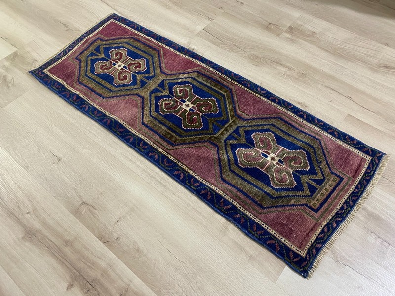 Vintage Turkish Blue Runner Rug 1.5x3.7 Ft HandKnotted Wool Tribal Hallway Carpt gallery