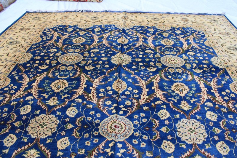 8x12 ft Blue Floral Afghan Rug: Hand-Knotted Wool Turkmen Rug gallery