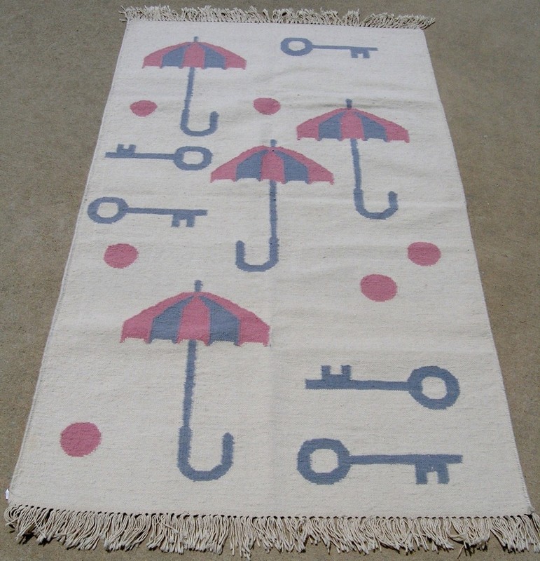 Vint Hand Woven Rug Kilim Flat weave Wool 3x5 LN Keys Pink Blue balls Umbrellas gallery