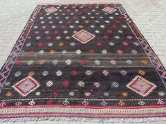 Area Rug, Turkish Kilim Rugs, Tribal Kelim, Embroidery Rug, Brown Rug 81″X112″