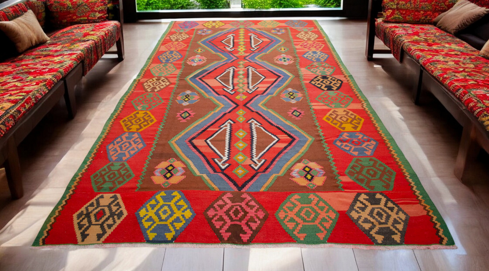 7x13 Rug Hand Woven Turkish Rug LARGE Area Rug Vintage Wool Kilim Cheerful color gallery