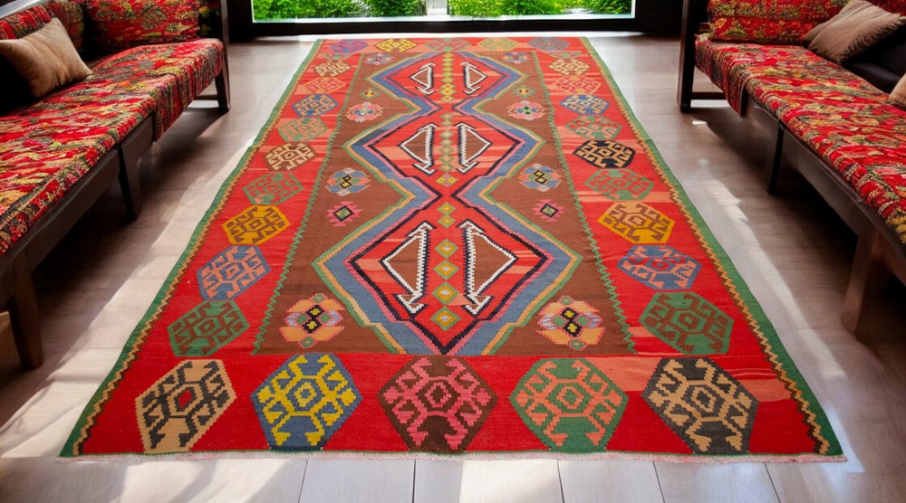 7x13 Rug Hand Woven Turkish Rug LARGE Area Rug Vintage Wool Kilim Cheerful color