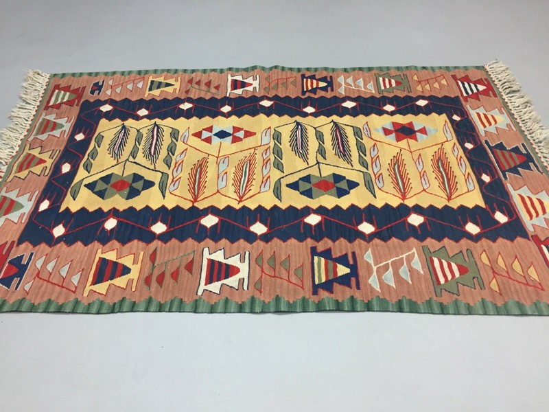 Vintage Turkish Kilim 170x110 cm Wool Kelim Rug Beige Blue Pink Yellow Medium gallery