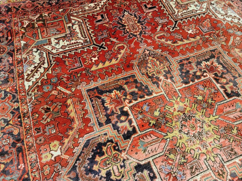 8z12ft ANTIQUE HAND KNOTTED VEGETABLE DYE HERIZE RUG CIRCA 1950S RED GEOMETRIC gallery