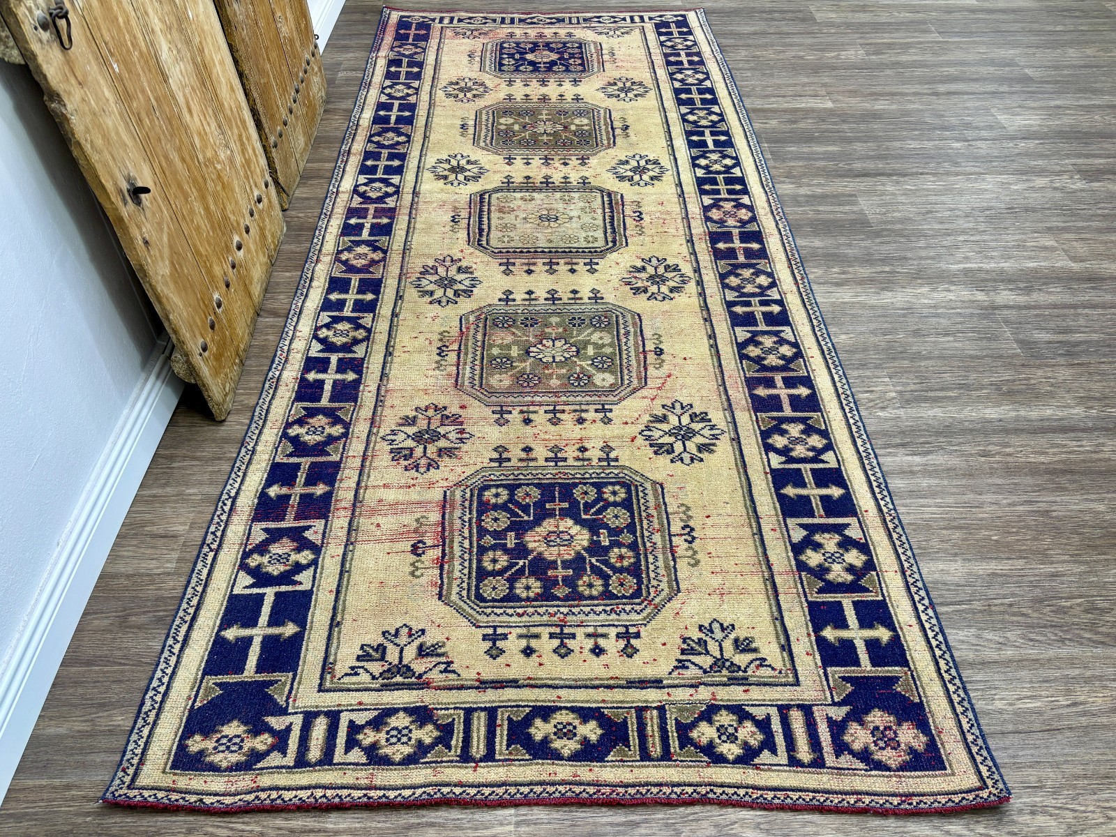 5x11 Beige Blue Red Vintage Turkish Runner, Hand-Knotted Large Oushak Runner gallery