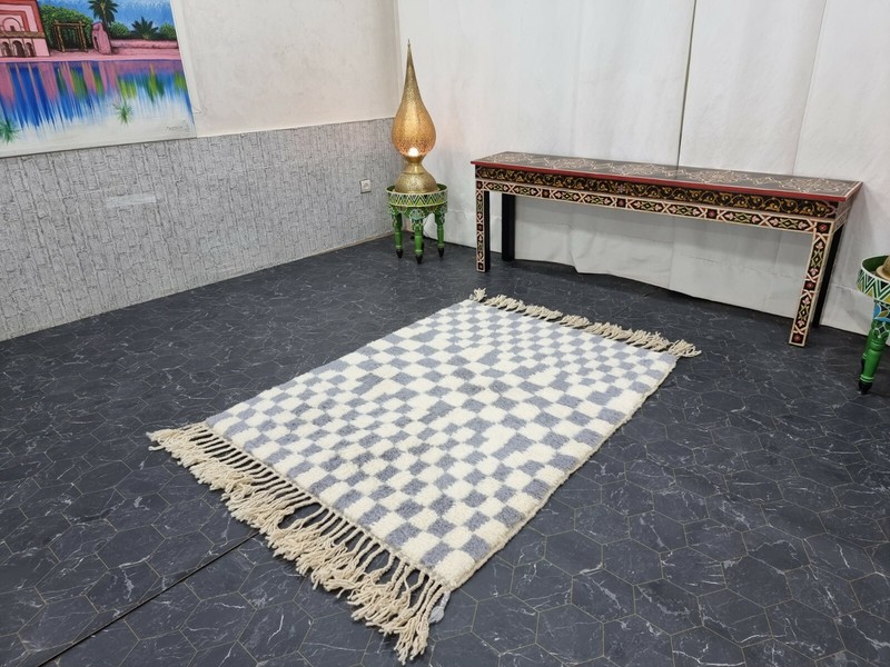 Beni Ourain Moroccan Handmade Rug 3'8"x4'9" Checkered White & Gray Wool Carpet gallery