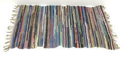 Vintage Used Homemade Woven Mid-Century Hand Knotted Throw Rug Multi-Color