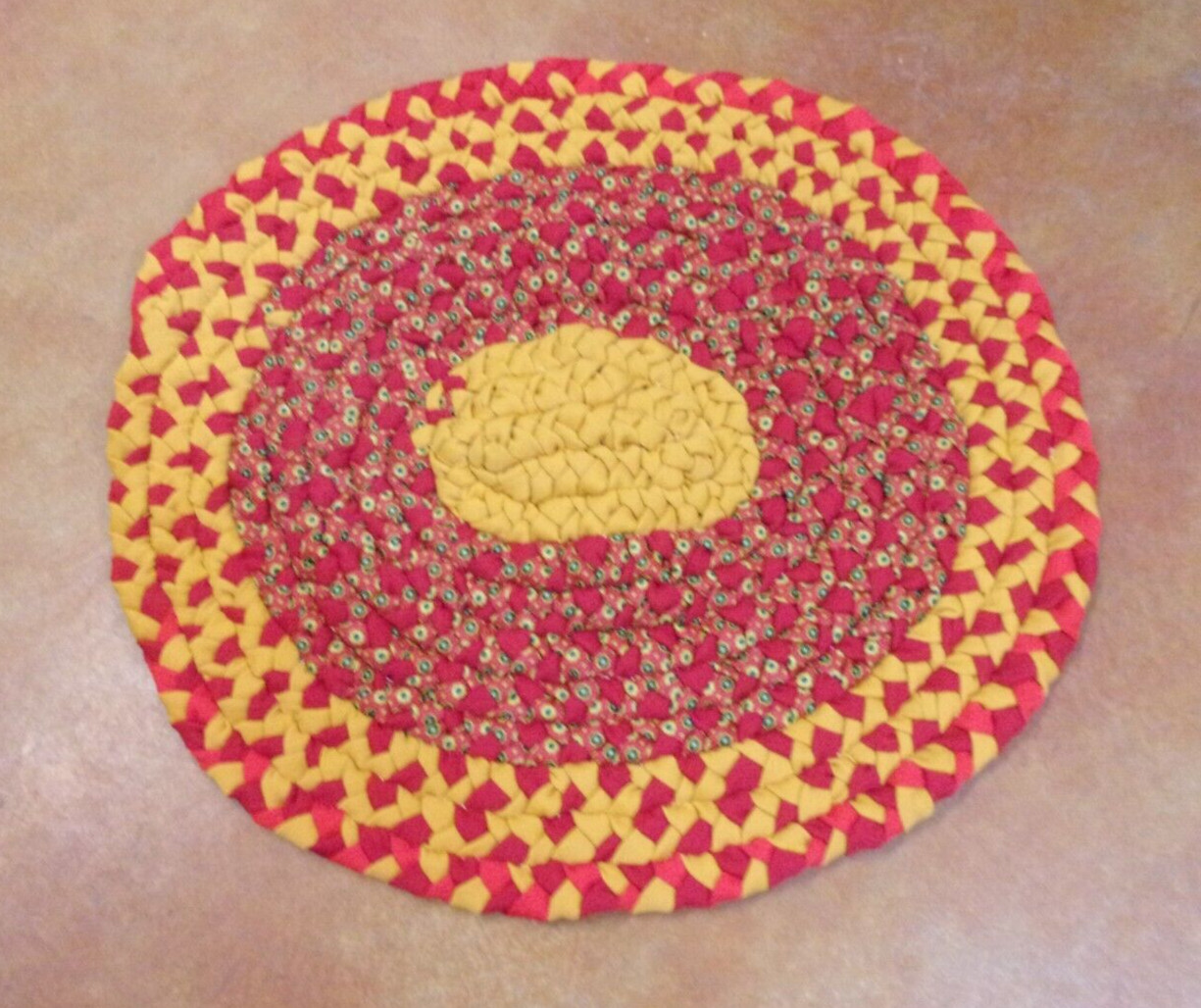 Vintage Handmade Braided Rug - New/Unused - 27" X 24" - Red/Gold gallery