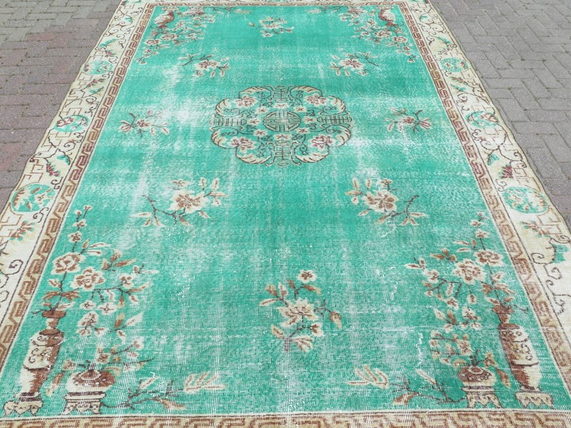 Distressed Turkish Carpet, Large Area Rug, Handmade Mint Green Carpet 83"x126" gallery