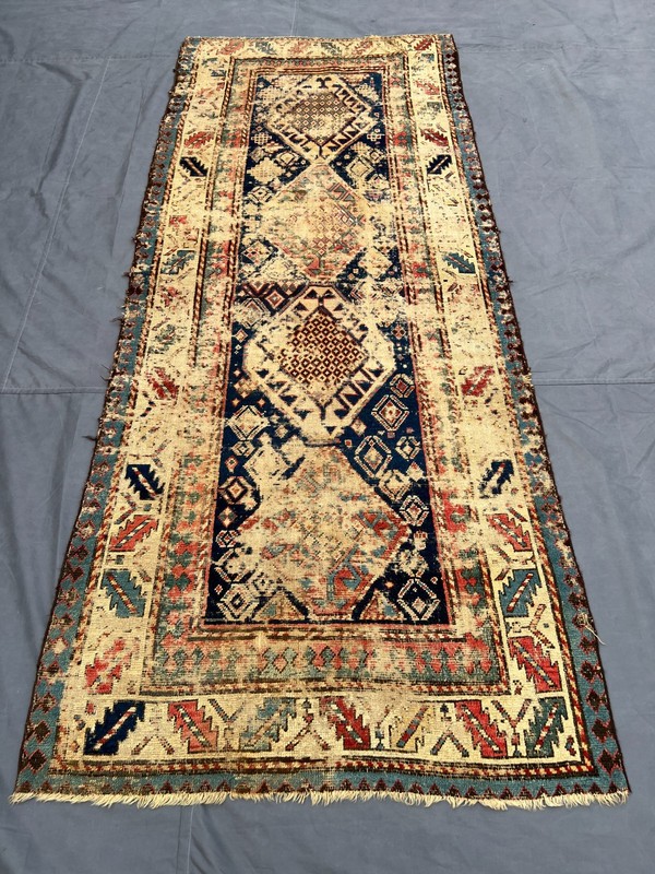 Cream Blue Distressed Low Pile Rug 3x8 ft Hand Knotted Turkish Runner Carpet gallery