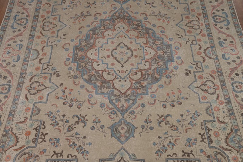 Vintage Handmade Beige Wool Tebriz Room Size Area Rug 10x13 Floral Carpet gallery