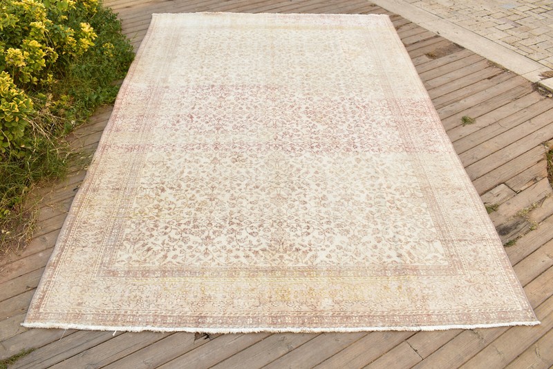 Oushak Turkey Rug 6x9 Vintage Beige Color Low Pile Floral Design Rug 198x295cm gallery