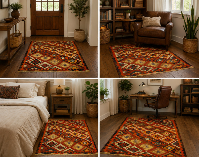 OLD, ANTIQUE RARE DESIGN CAUCASIAN KILIM FLAT WOVEN RUG 5' x7'7" VEG NATURAL DYE gallery