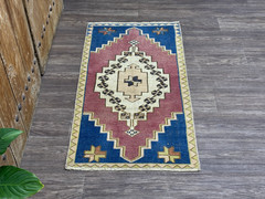 2×4 Medallion Vintage Turkish Rug, Hand-Knotted Wool Burgundy Blue Small Oushak