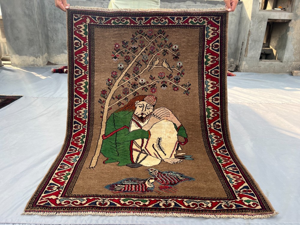Vintage Afghan Baluchi Pictorial Rug 3'2 x 4'5 ft, Hand-Knotted Wool, Rare Rug