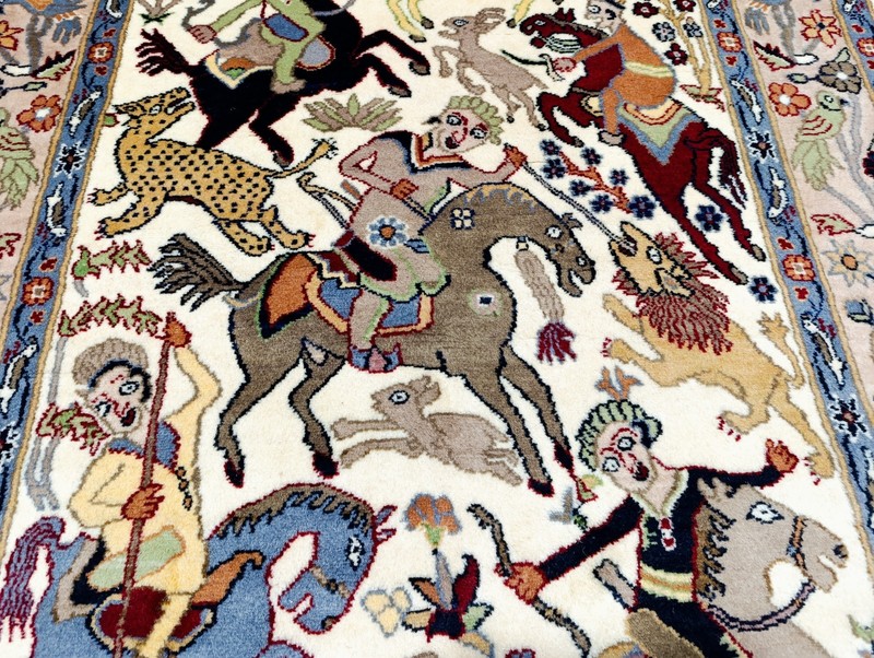 Vintage Kashmiri Hunting Scene Pictorial Rug Hand Knotted Wool 4x6.3 ft gallery
