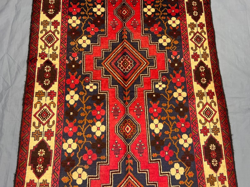 3'6x7'6 ft Vintage Afghan Baluchi Hand-Knotted Floral Geometric Red & Yellow Rug gallery