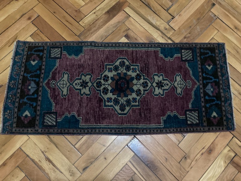 Anatolian Handmade Turkish Boho Rug 1.4x3.2 ft Vintage Purple Blue Tribal Carpet gallery