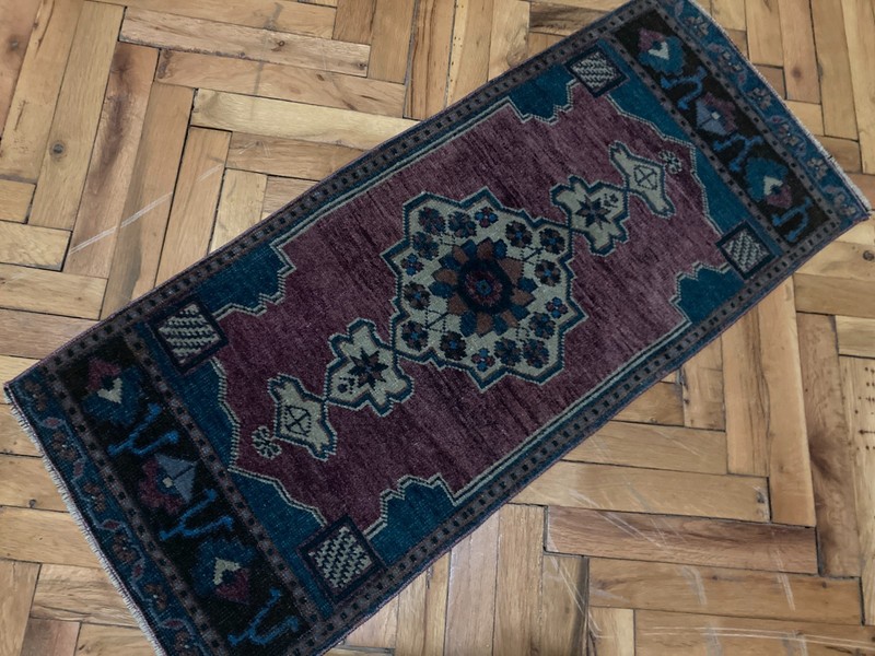 Anatolian Handmade Turkish Boho Rug 1.4x3.2 ft Vintage Purple Blue Tribal Carpet gallery