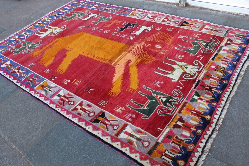 Vintage Traditional Hand Made Oriental Gabbe Wool Red Rug 242x156cm Animal Lion gallery