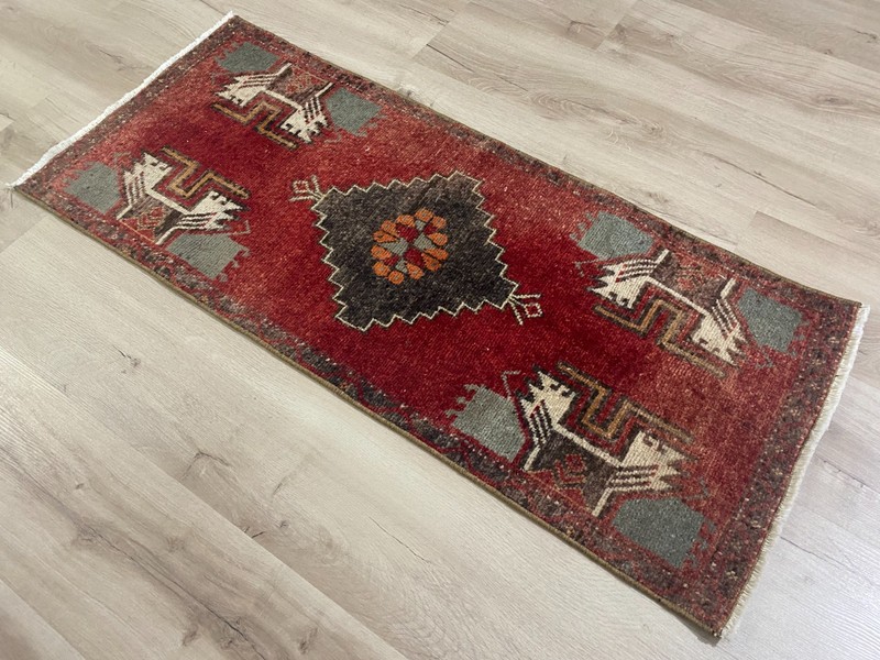 Vintage Anatolian Turkish Rug Handmade Wool Red Hallway Runner 1.6x3.8 Ft gallery