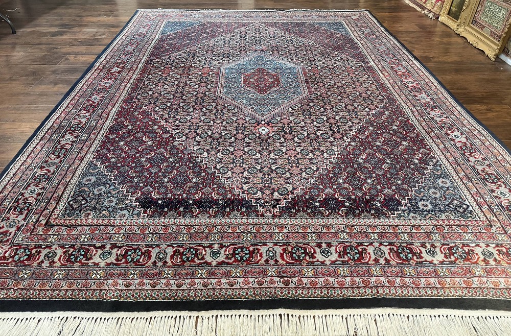 Indo Bidjar Rug 8x11 Herati Mahi Pattern Red Navy Blue Handmade Vintage Wool
