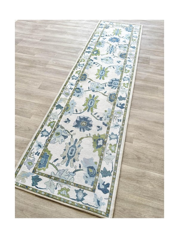 Green Oushak Rug, Modern, Vintage, Turkish, Eclectic, Floral, Pastel, Washabl... gallery