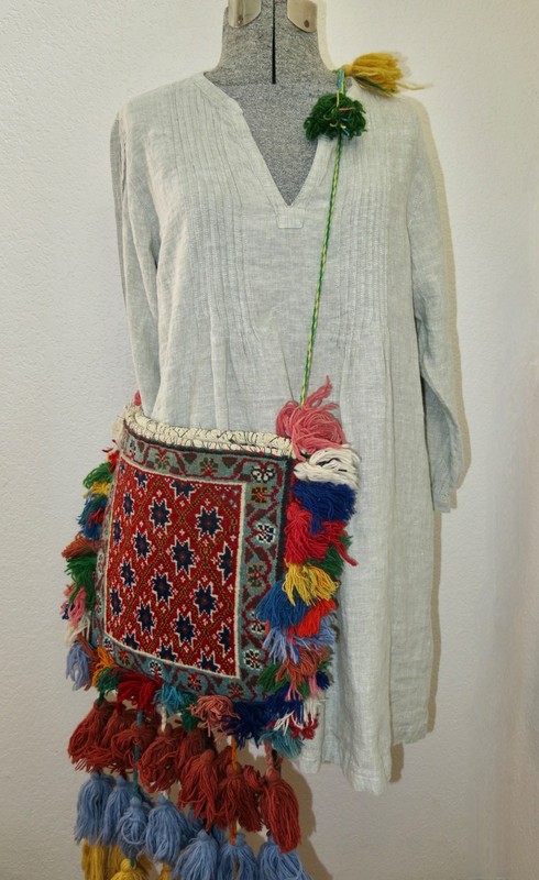 VINTAGE HAND KNOTTED TAPESTRY WOOL CARPET SALT BAG HANGING TASSELS gallery