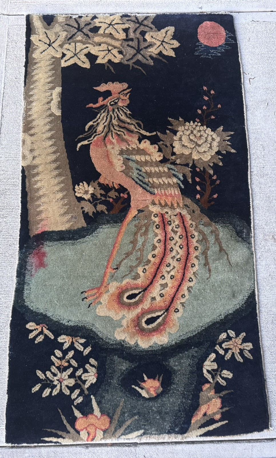 Since 1910 Antique Chinese Peking Phoenix bird Rug 2.5”X4.4”Ft Dark Blue, gallery