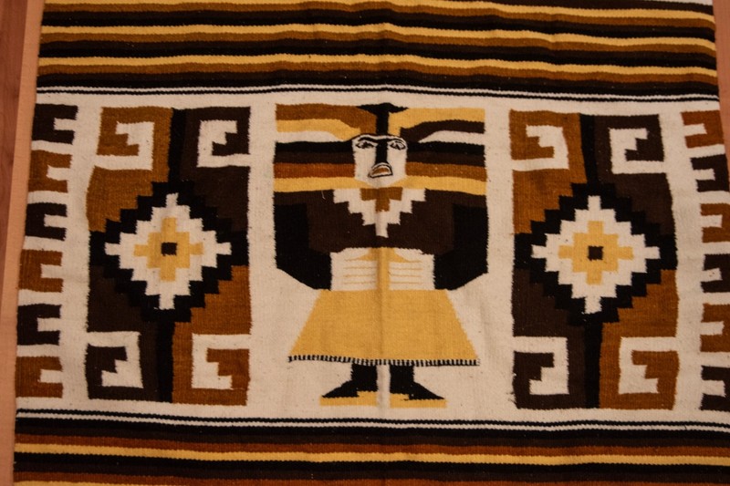 Vintage Mexican Aztec Figure Blanket Wool, handmade, earth tone colors, 44 x79 gallery