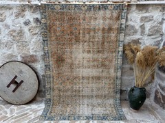 5×8 Room Size Turkish Rug – Pale Orange and Blue Tones – Hand-Knotted Vintage