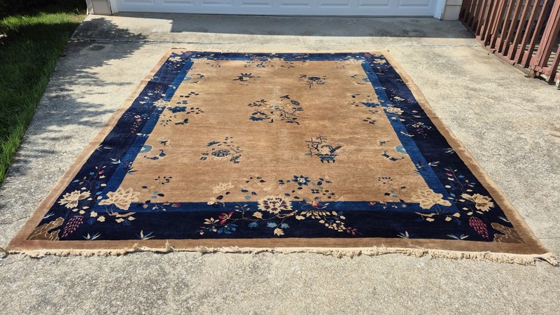 1920s Nichols Style Chinese Art Deco Wool Rug Blue & Tan Floral 9x12 gallery
