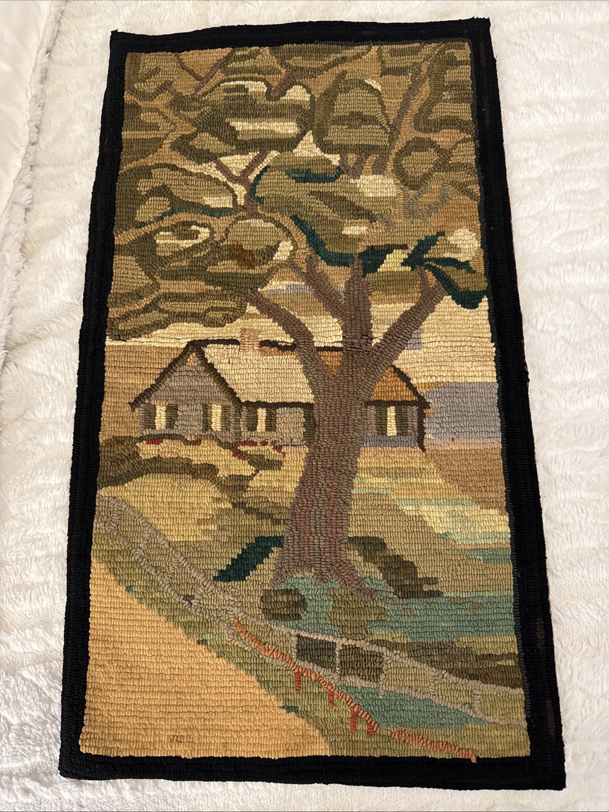 Vintage Hand Hooked Wool Tapestry Farmhouse Landscaped Tree Cottage, gallery