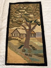 Vintage Hand Hooked Wool Tapestry Farmhouse Landscaped Tree Cottage,
