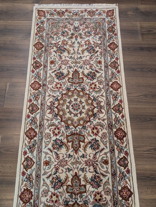 Per'sian Design Runner Rug 2.6 x 8.6, Ivory, Wool and Silk, Hand Tufted gallery