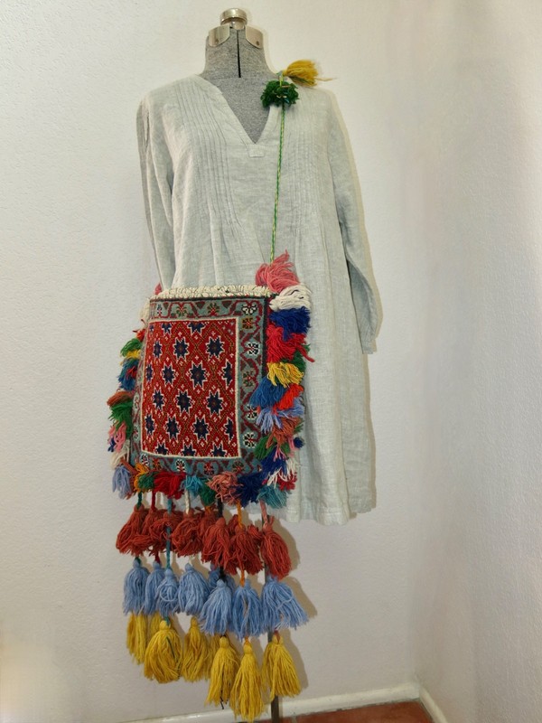 VINTAGE HAND KNOTTED TAPESTRY WOOL CARPET SALT BAG HANGING TASSELS gallery