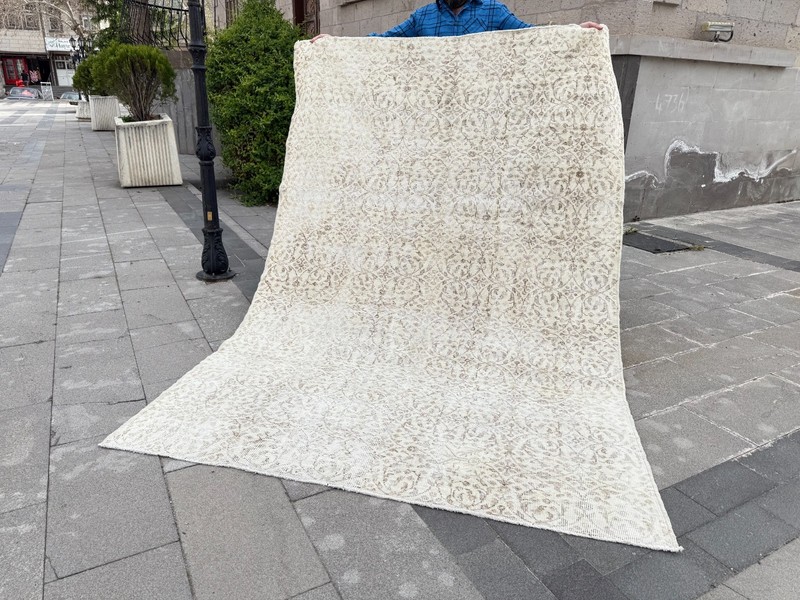Vintage Oushak Rug 5.6x8.3 ft Neutral Beige Muted Floral Distressed Turkish Rug gallery