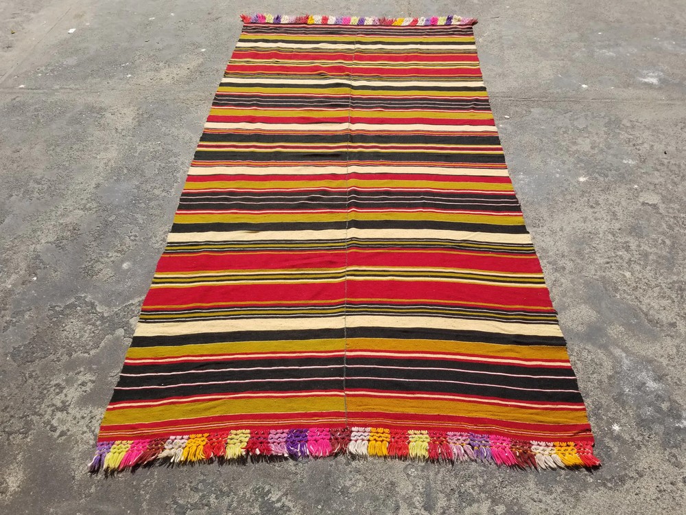 Vintage Traditional Handmade Turkish Striped Wool Multicolor Kilim 7.6x4 ft