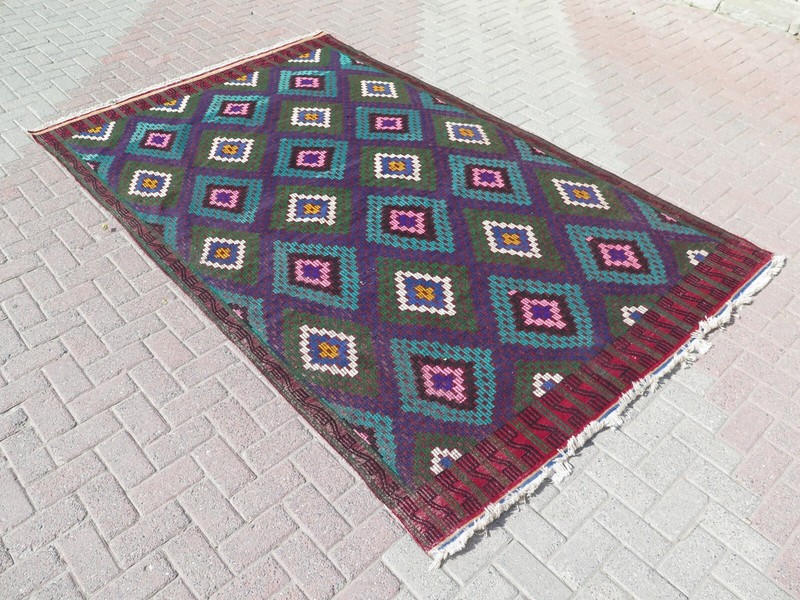 Violet & Olive Turkish Vintage Embroidery Rug Wool Kilim Carpet 72"x113" gallery