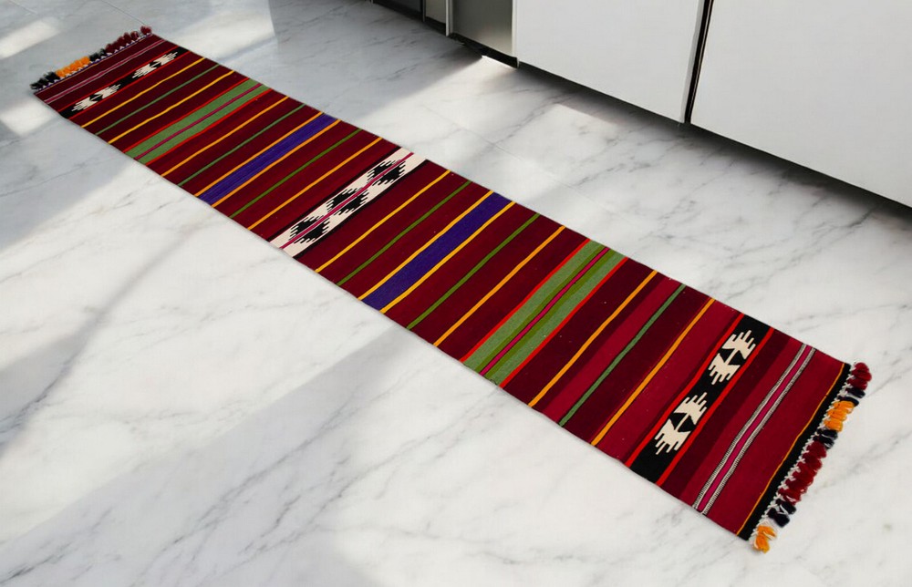 Hand MADE Turkish Rug Kilim Runner Short Narrow Hallway Rug 1.11 x 9.7 Ft