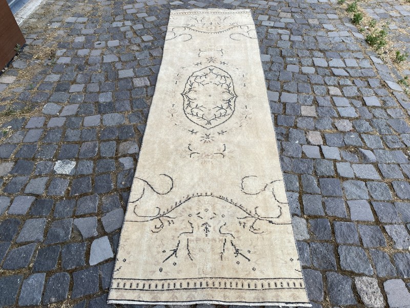 Vintage Turkish Runner Rug, Hand-Knotted Wool, Cream Black Minimalist Runner gallery