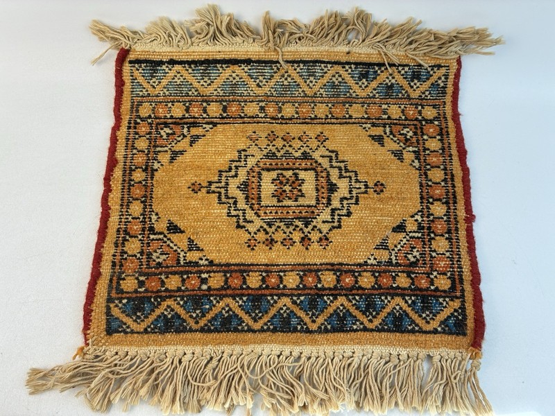 Vintage Hand-Knotted Wool Turkish Mini Rug w/ Geometric Patterns 11.5" x 13" gallery