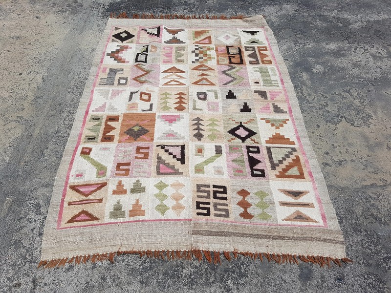 Distressed Vintage Peruvian Ayacucho Inca Calendar Hand Loom Tapestry 4.9x3.4 ft gallery