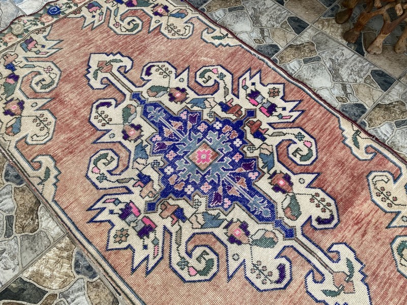 3x7 ft Vintage Turkish Area Rug Red Blue Oriental Anatolian Medallion Floral Rug gallery