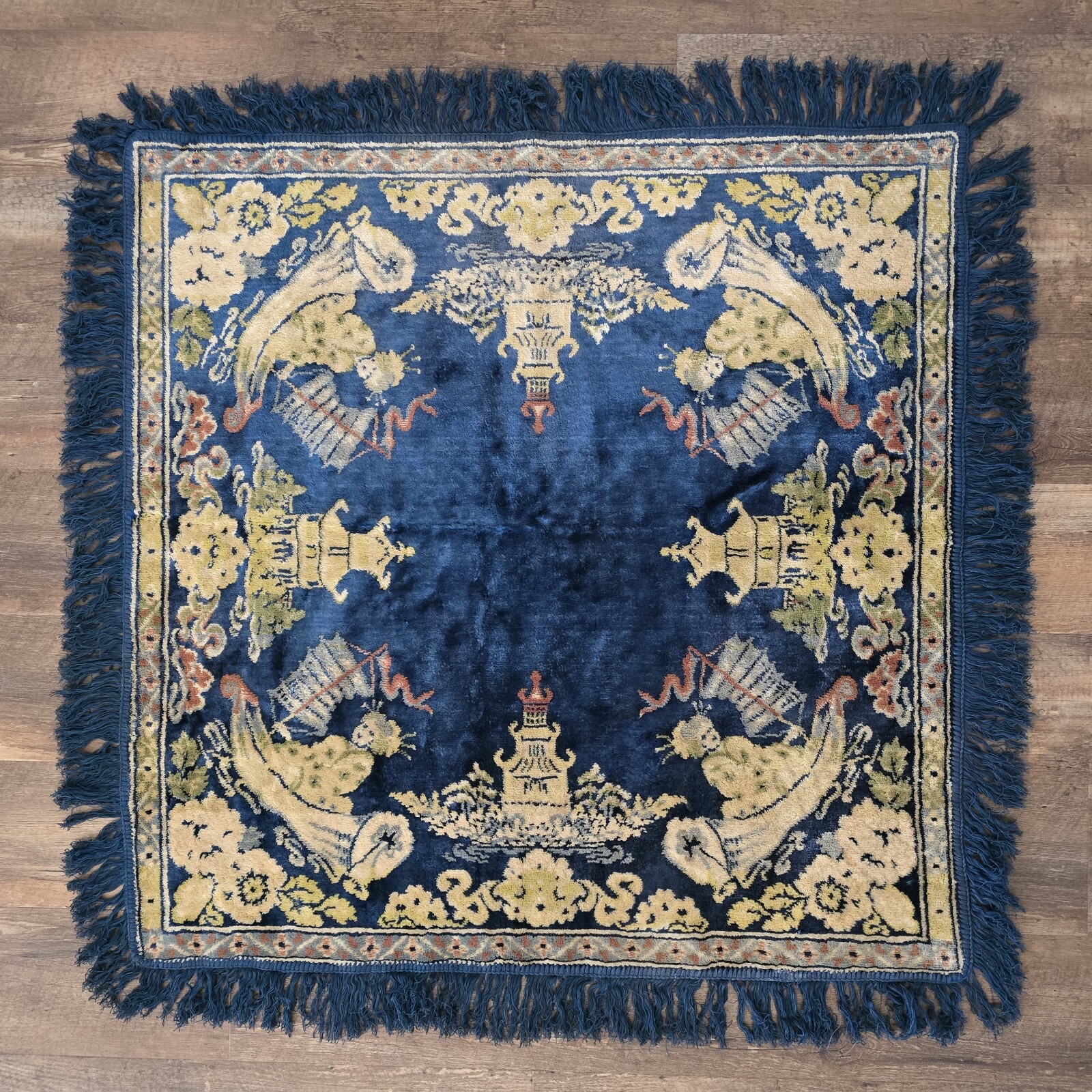 Oriental Style Vintage Italian Made Fringed Carpet Blue Square 34'' x 34" gallery